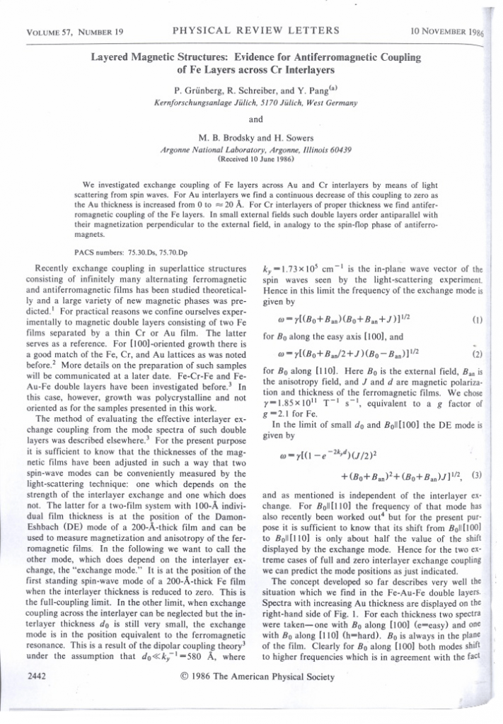 Zwei Hauptveröffentlichungen über den GMR-Effekt sind zu nennen: P. Grünberg, R. Schreiber, Y. Pang, M. B. Brodsky und H., Sowers, „Layered Magnetich Structures: Evidence for Antiferromagnetic Coupling of Fe Layers across Cr interlayers“, Physical Review letters 57 (1986);